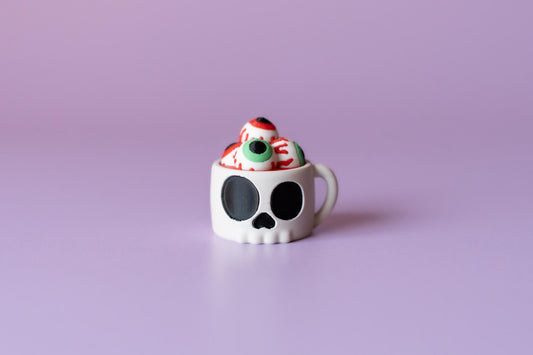Skull Mug of Eyeballs Spooky Halloween Fidget Clicker with Wrist Strap or Keychain