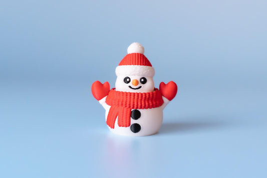 May include: A small snowman figure with a red hat, scarf, and mittens. The snowman has a smiling face with black eyes and a carrot nose. Two black buttons are on the snowman's body. The background is a light blue.