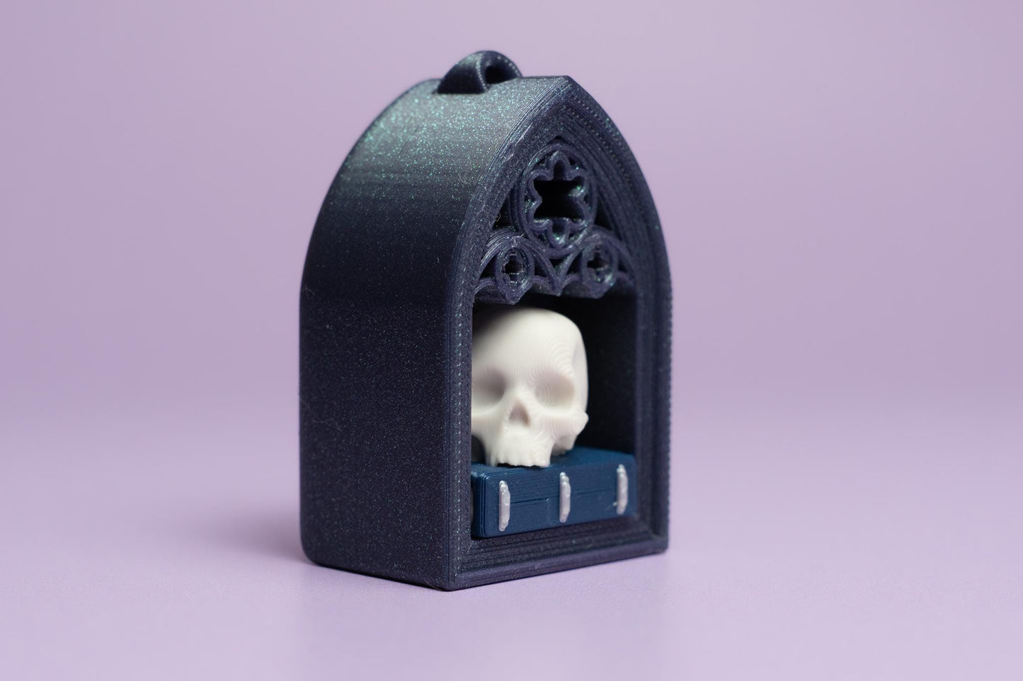 Gothic Style Mini Book Nook with Skull on Book Fidget Clicker with Wrist Strap or Keychain