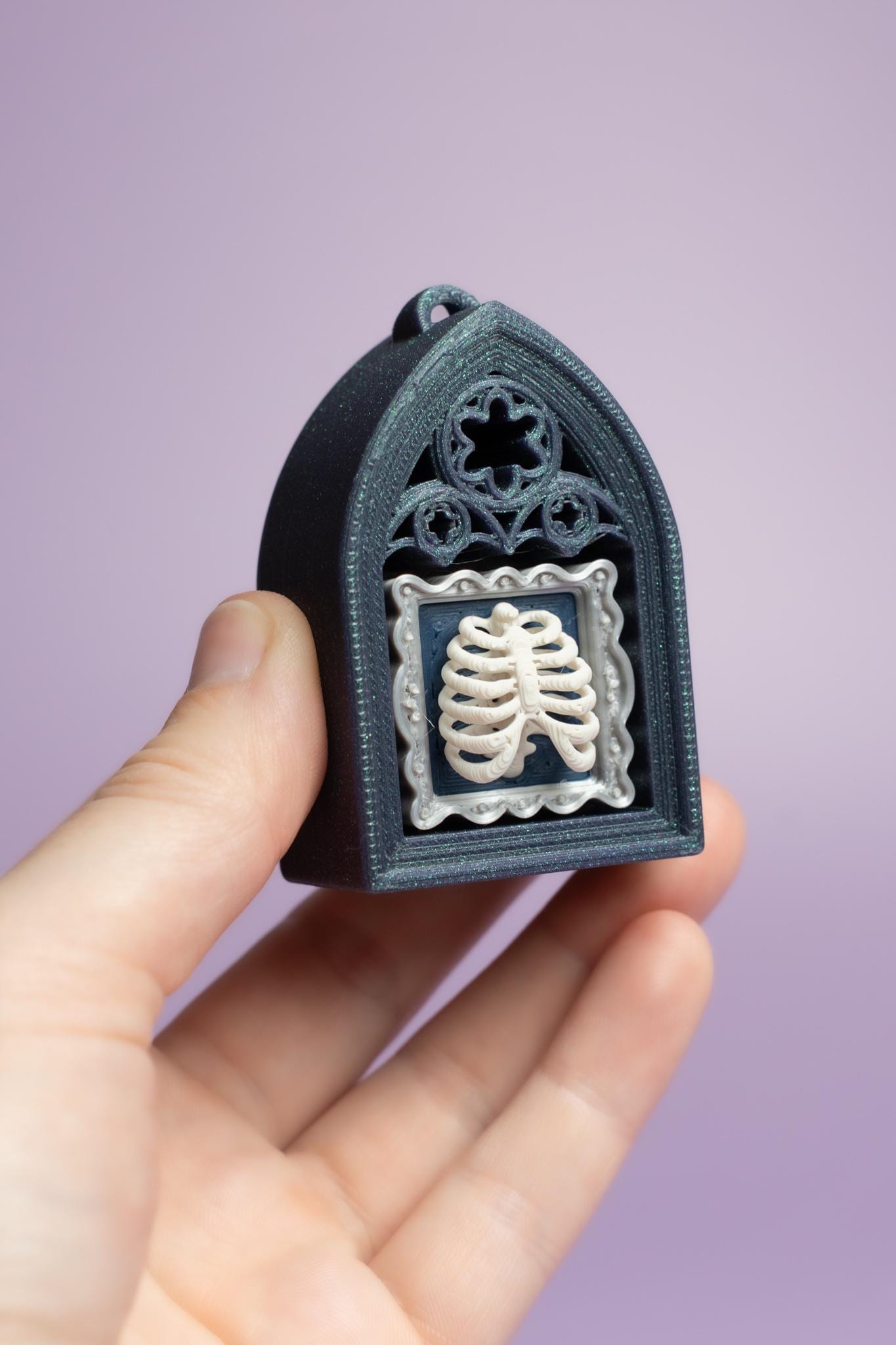 Gothic Style Mini Book Nook with Ribcage Photo Fidget Clicker with Wrist Strap or Keychain