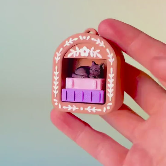 Mini Book Nook with Stack of Books & Cat Fidget Clicker with Wrist Strap or Keychain