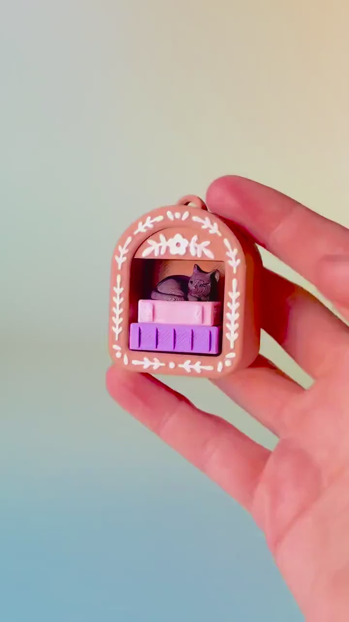 Mini Book Nook with Stack of Books & Cat Fidget Clicker with Wrist Strap or Keychain