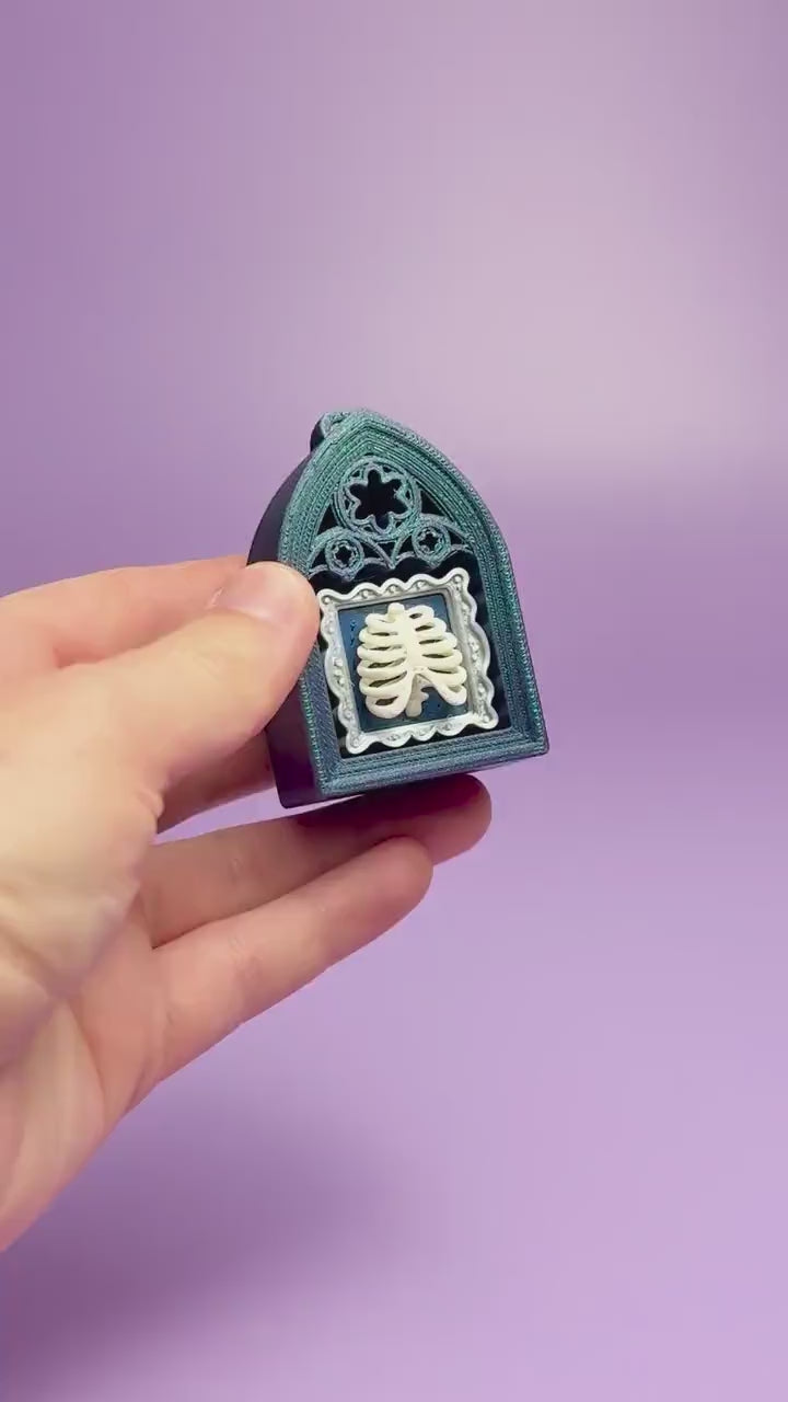 Gothic Style Mini Book Nook with Ribcage Photo Fidget Clicker with Wrist Strap or Keychain