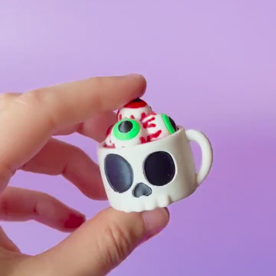 Skull Mug of Eyeballs Spooky Halloween Fidget Clicker with Wrist Strap or Keychain