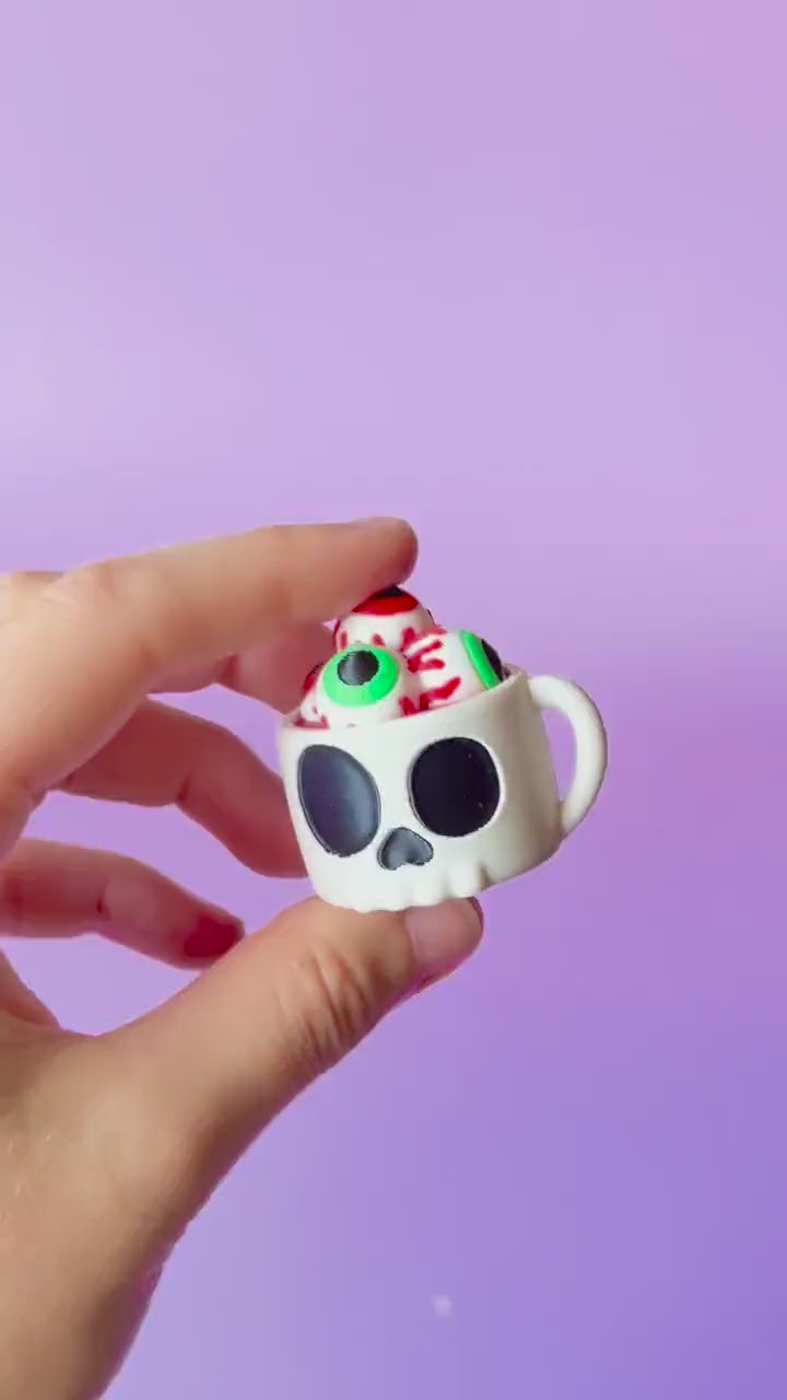 Skull Mug of Eyeballs Spooky Halloween Fidget Clicker with Wrist Strap or Keychain